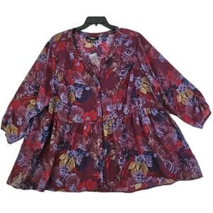 Chelsea Studio~Plus Size(26/28)2X~ Red/Brown Floral Button-Up Bloyse 3/4 Sleeve